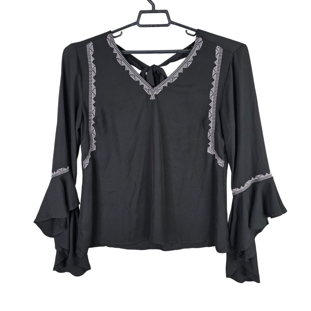 Womens Cruel Denim Black Bell Sleeve Blouse Embroidered Trim & Back Tie Size L